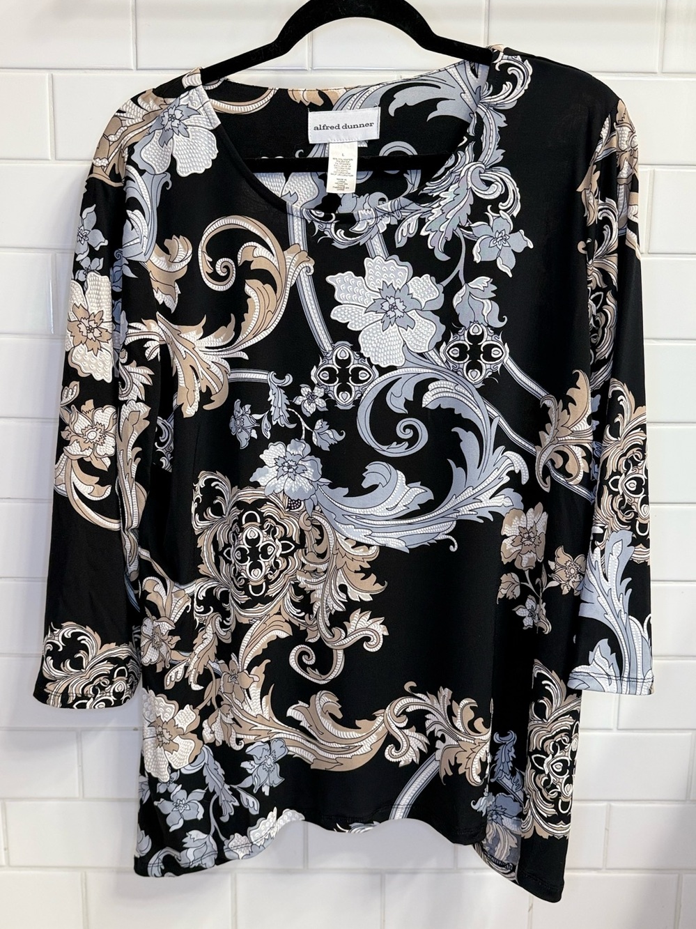 Alfred Dunner Black Baroque Floral 3/4 Sleeve Top Size L EUC